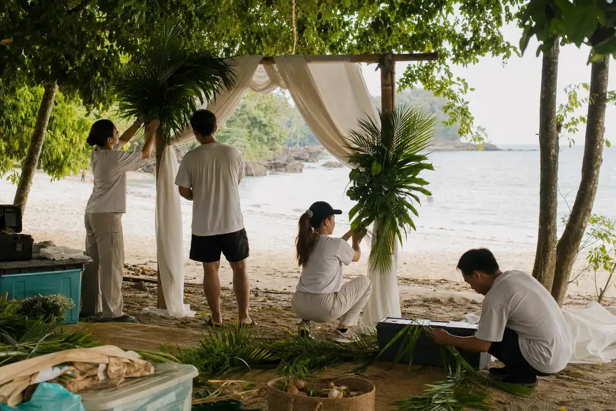  editorial concept of an event production team installing decor