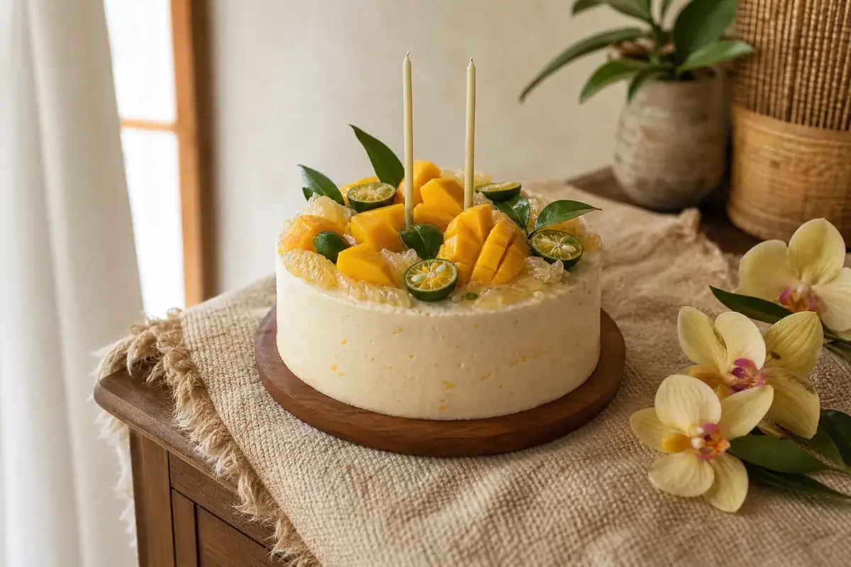 unbranded birthday cake and tropical table-detail concept
