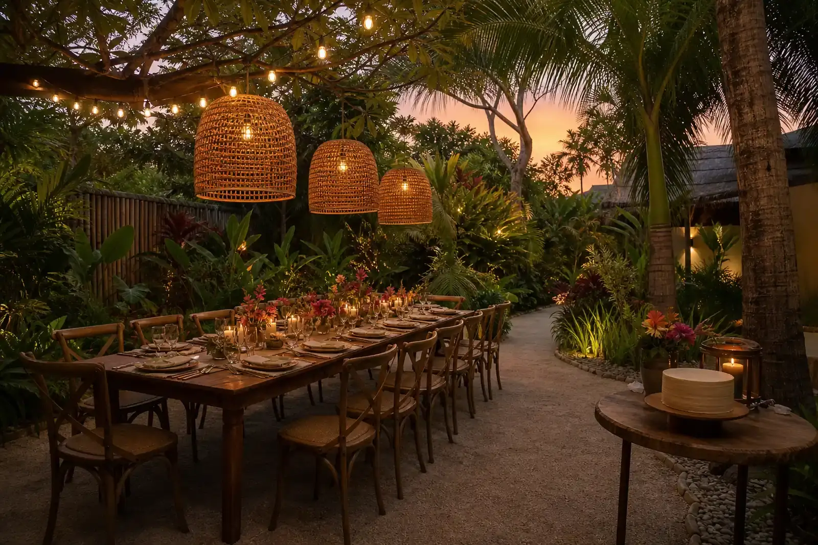 tropical birthday dinner concept in a fictional Cebu villa garden