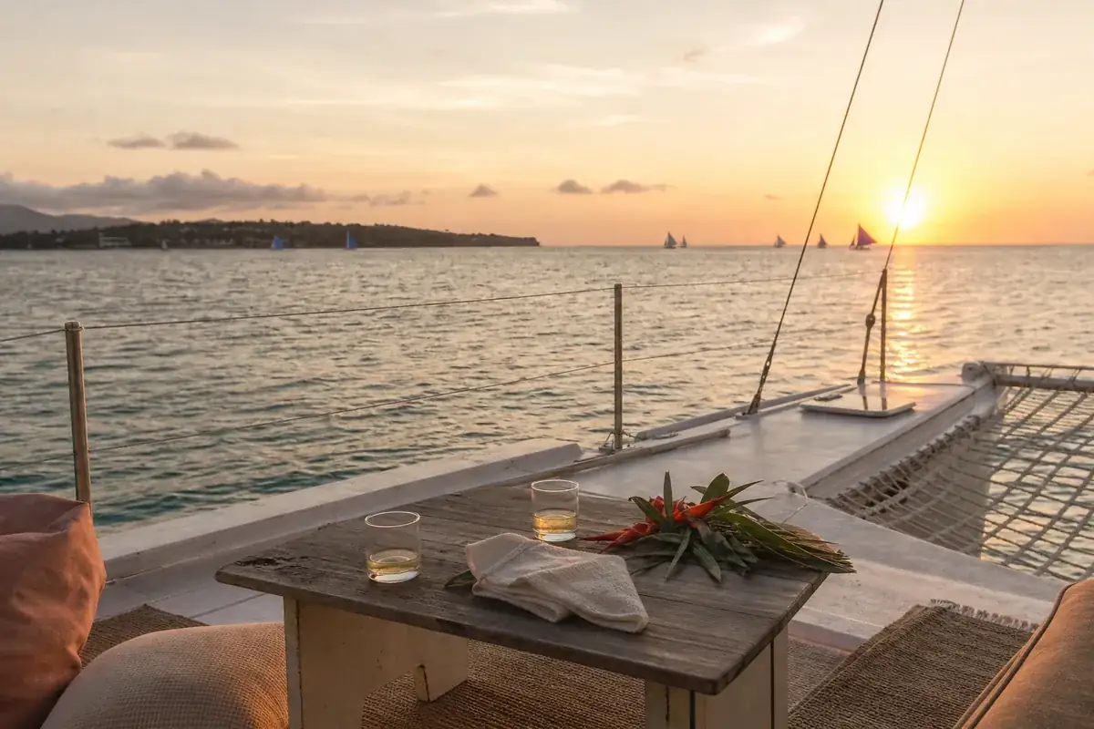  concept of a private catamaran proposal at sunset off Boracay