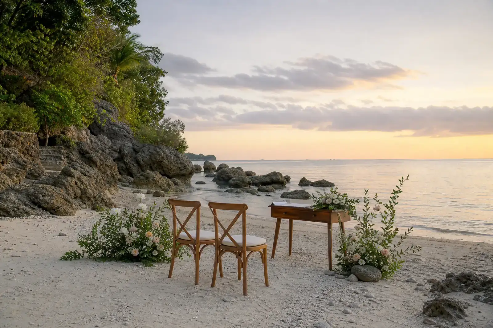 dawn elopement setup for two on a quiet Boracay beach