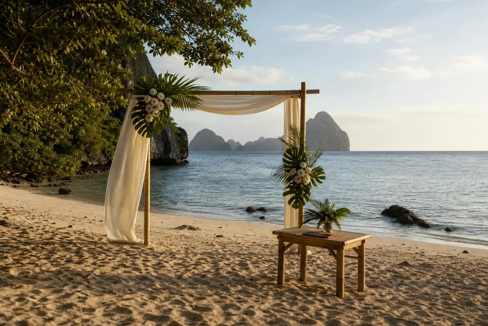 intimate elopement setup on a fictional Palawan limestone cove