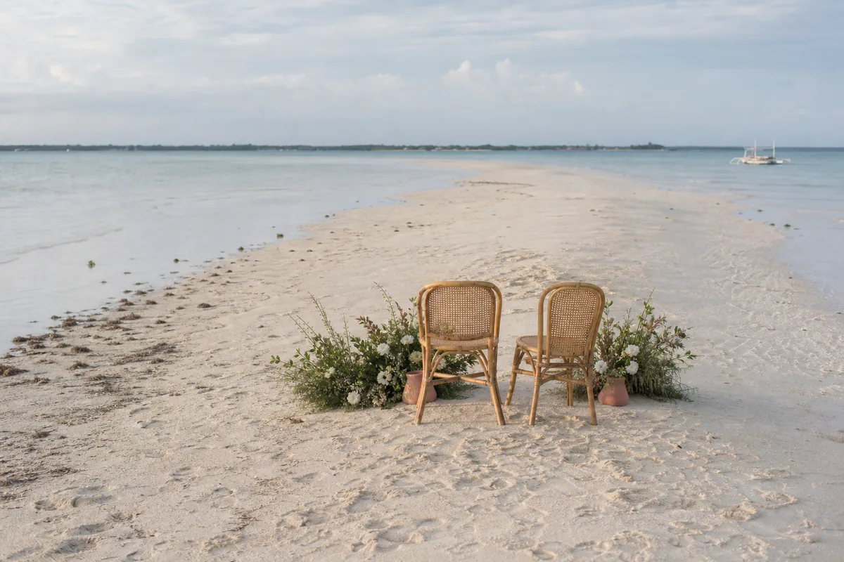 AI-generated private sandbar ceremony concept near Panglao timed for low tide