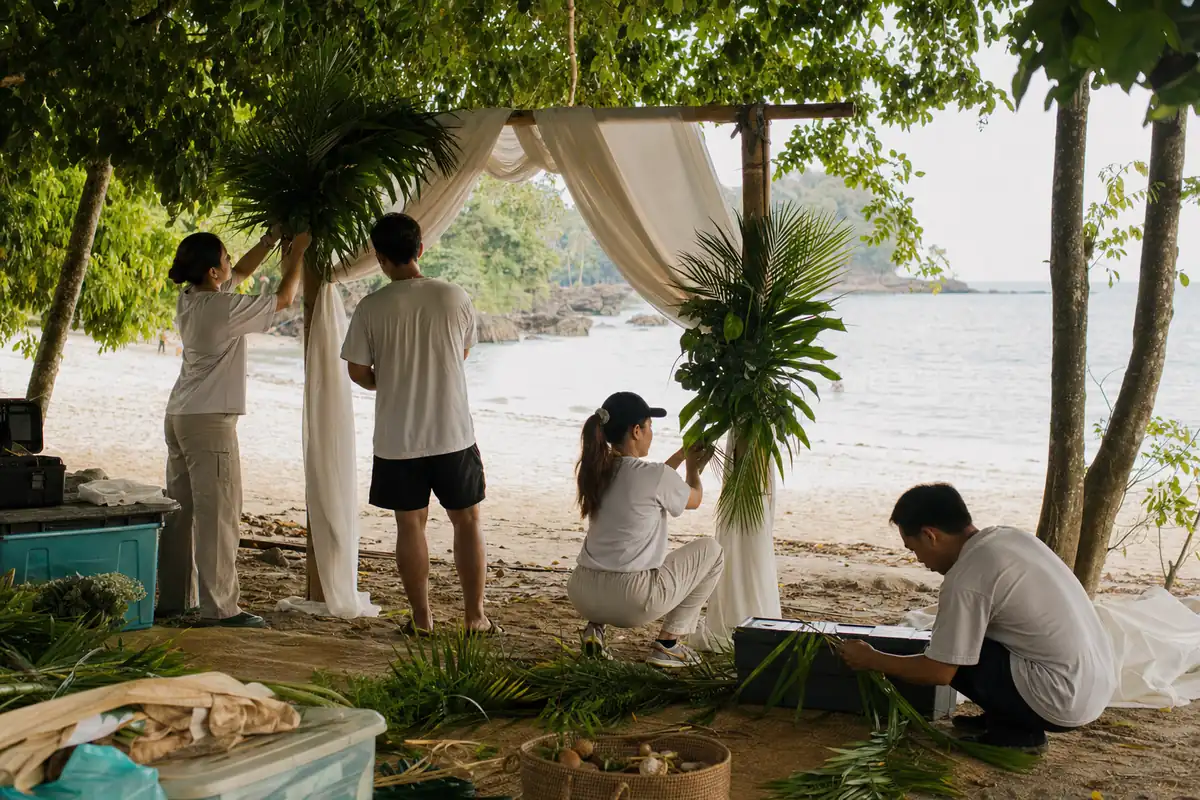  editorial concept of an event production team installing decor