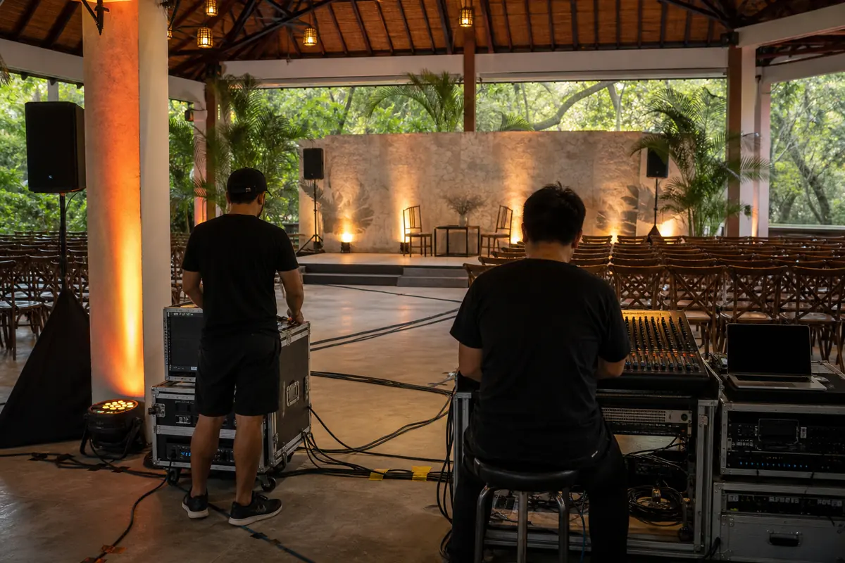 lighting and sound check in a covered Mactan event pavilion
