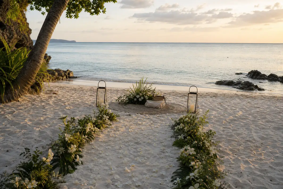 private beach proposal setup with a floral path on Boracay
