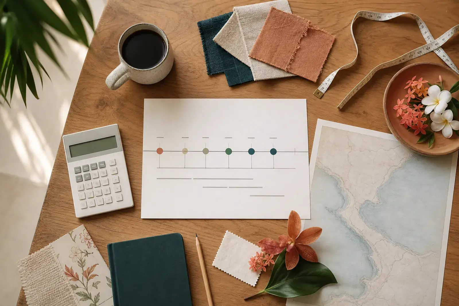  editorial concept of an event planning workspace with schedules and material samples