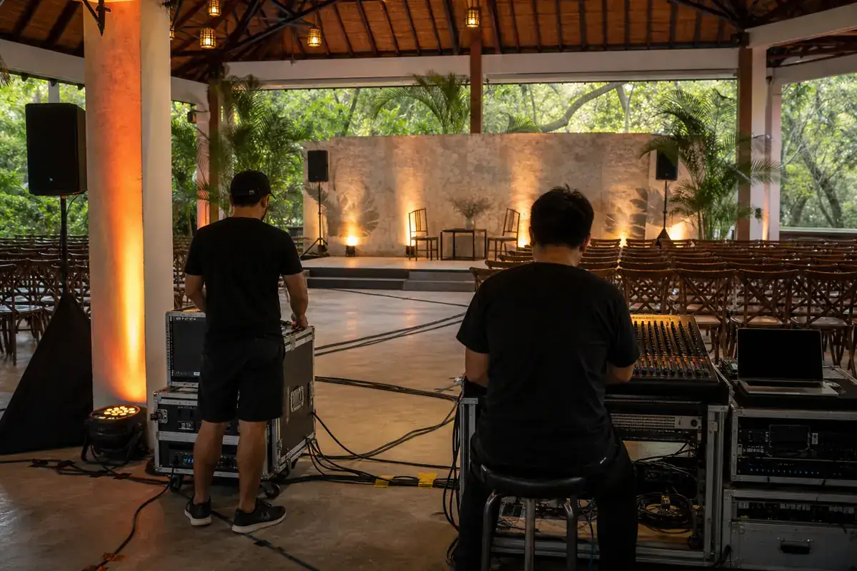  lighting and sound check in a covered Mactan event pavilion