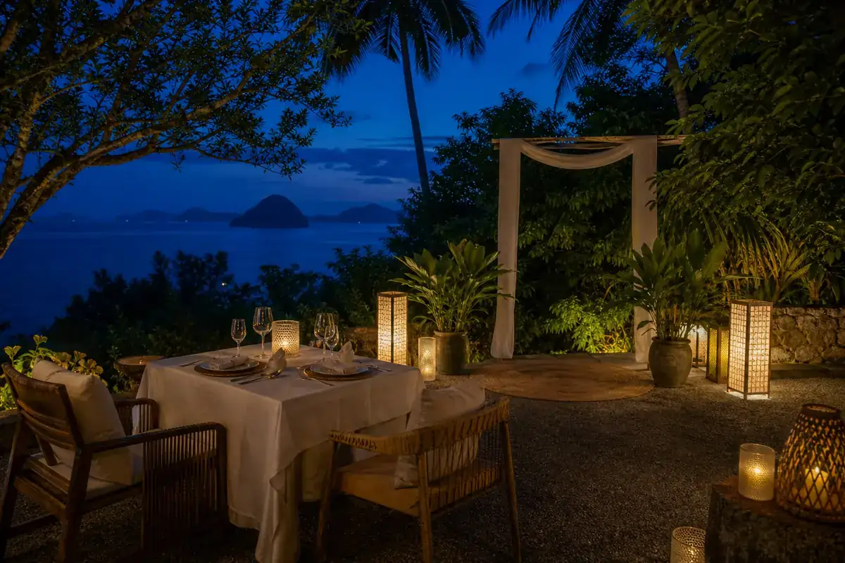  anniversary dinner and vow-renewal setting on a fictional Palawan terrace