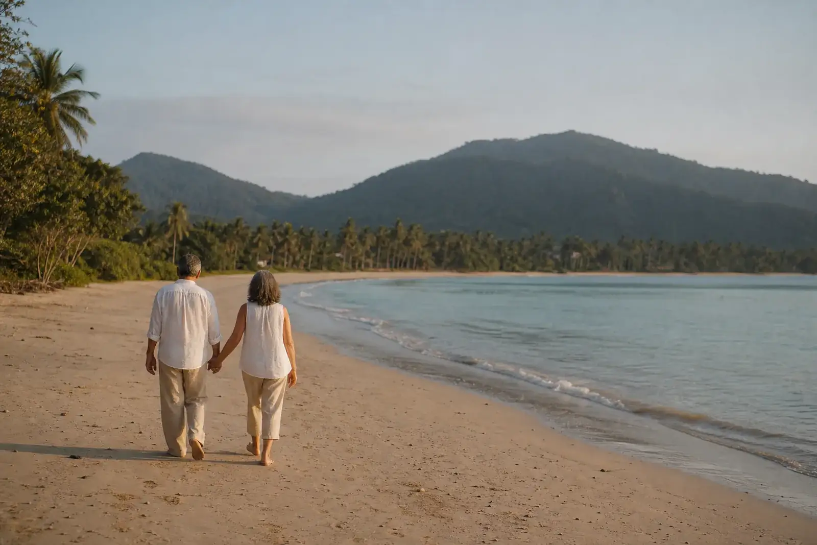  anonymous mature couple walking together on a quiet Palawan shoreline